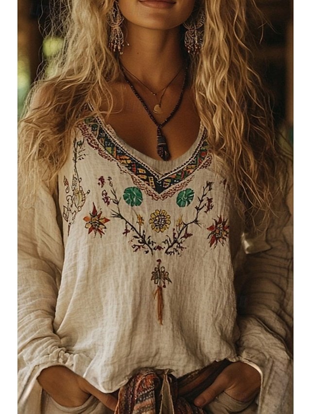 Modern Casual Print V Neck Long Sleeve Regular Boho Blouse - Image 1