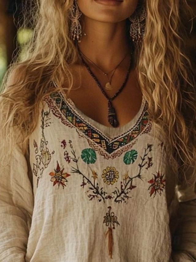 Modern Casual Print V Neck Long Sleeve Regular Boho Blouse - Image 2