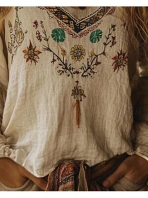 Modern Casual Print V Neck Long Sleeve Regular Boho Blouse - Image 3