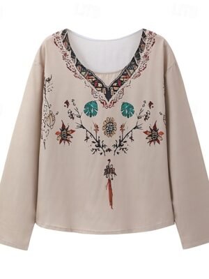 Modern Casual Print V Neck Long Sleeve Regular Boho Blouse - Image 4