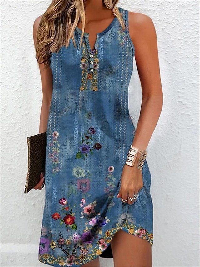 Modern Casual Regular Fit Floral Split Neck Sleeveless Mini Dress - Image 1