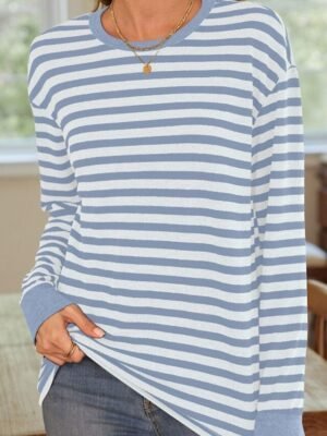 Modern Casual Regular Fit Striped Crew Neck Long Sleeve Top - Image 2