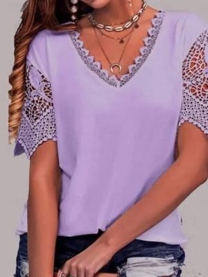 Modern Casual Regular Plain V Neck Short Sleeve Lace Patchwork Tops - Image 2