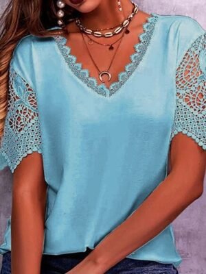Modern Casual Regular Plain V Neck Short Sleeve Lace Patchwork Tops - Image 3