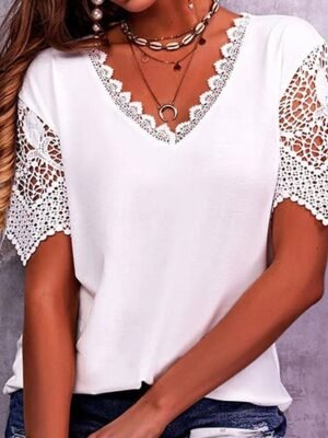 Modern Casual Regular Plain V Neck Short Sleeve Lace Patchwork Tops - Image 4