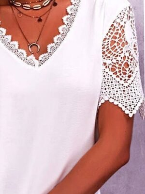 Modern Casual Regular Plain V Neck Short Sleeve Lace Patchwork Tops - Image 5