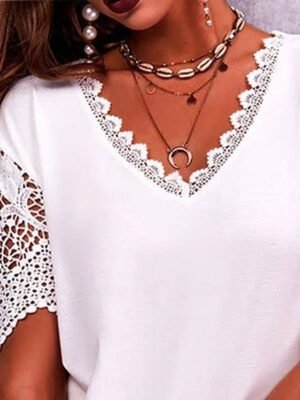 Modern Casual Regular Plain V Neck Short Sleeve Lace Patchwork Tops - Image 6