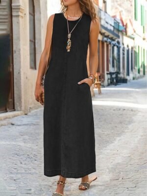 Modern Casual Shift Patchwork Crew Neck Sleeveless Maxi Denim Dress - Image 2
