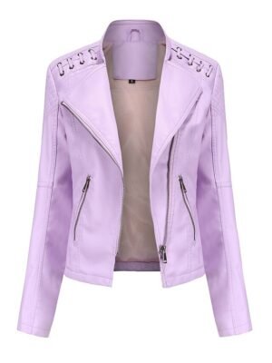 Modern Long Sleeve Faux Leather Moto Biker Jacket - Image 12