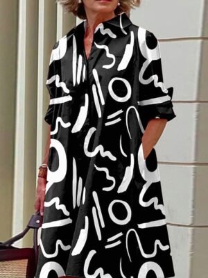 Modern Loose Color Block Graffiti Shirt Collar Long Sleeve Midi Dress - Image 1