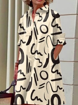 Modern Loose Color Block Graffiti Shirt Collar Long Sleeve Midi Dress - Image 3