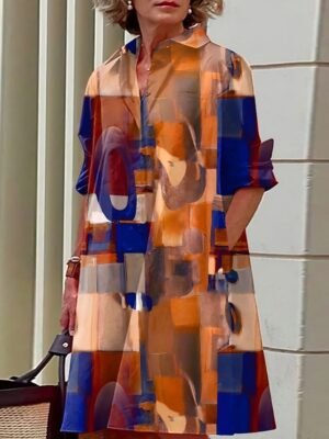 Modern Loose Color Block Graffiti Shirt Collar Long Sleeve Midi Dress - Image 5