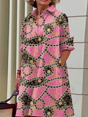 Modern Loose Color Block Graffiti Shirt Collar Long Sleeve Midi Dress - Image 6