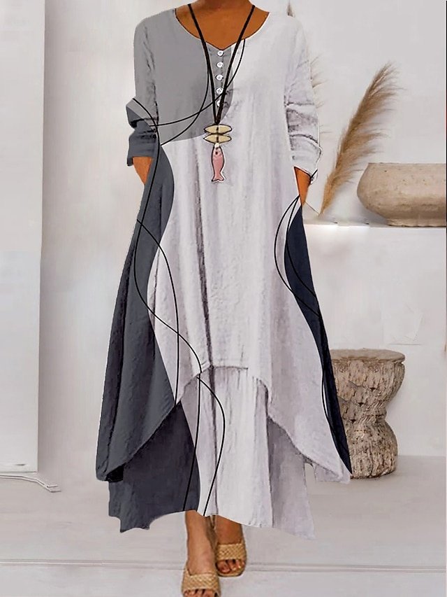 Modern Loose Colour Block Crew Neck 3/4 Length Sleeve Maxi Dress - Image 1