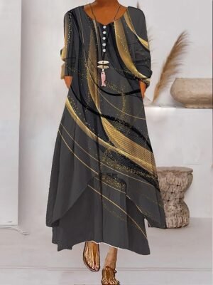 Modern Loose Colour Block Crew Neck 3/4 Length Sleeve Maxi Dress - Image 10