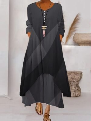 Modern Loose Colour Block Crew Neck 3/4 Length Sleeve Maxi Dress - Image 11