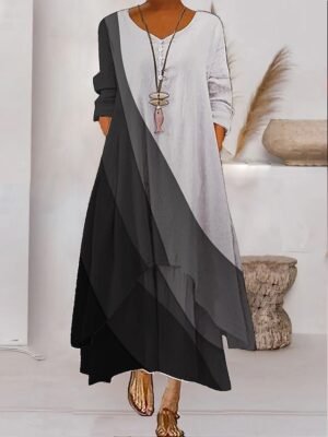 Modern Loose Colour Block Crew Neck 3/4 Length Sleeve Maxi Dress - Image 12