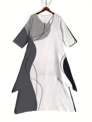Modern Loose Colour Block Crew Neck 3/4 Length Sleeve Maxi Dress - Image 2