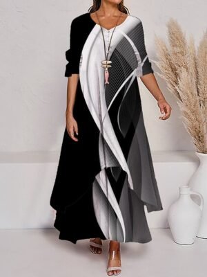 Modern Loose Colour Block Crew Neck 3/4 Length Sleeve Maxi Dress - Image 3