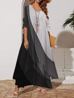 Modern Loose Colour Block Crew Neck 3/4 Length Sleeve Maxi Dress - Image 4