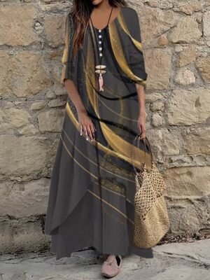 Modern Loose Colour Block Crew Neck 3/4 Length Sleeve Maxi Dress - Image 5