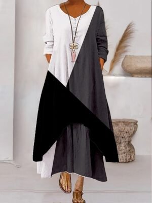 Modern Loose Colour Block Crew Neck 3/4 Length Sleeve Maxi Dress - Image 6