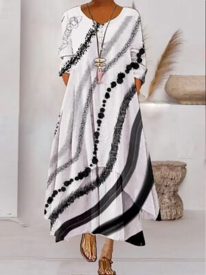 Modern Loose Colour Block Crew Neck 3/4 Length Sleeve Maxi Dress - Image 9