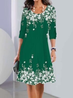Modern Loose Fit Floral Crew Neck Long Sleeve Mini Dress - Image 1