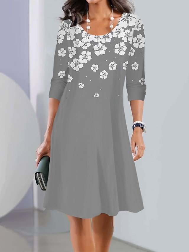 Modern Loose Fit Floral Crew Neck Long Sleeve Mini Dress - Image 2