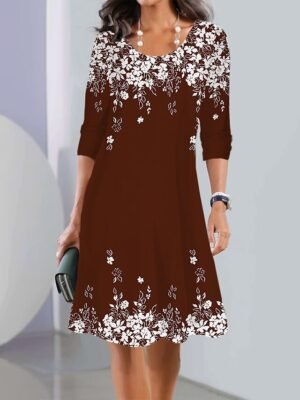 Modern Loose Fit Floral Crew Neck Long Sleeve Mini Dress - Image 3