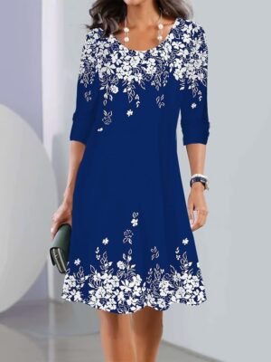 Modern Loose Fit Floral Crew Neck Long Sleeve Mini Dress - Image 5