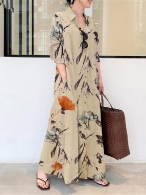 Modern Loose Fit Floral Shirt Collar Long Maxi Dress - Image 1