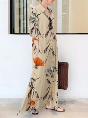 Modern Loose Fit Floral Shirt Collar Long Maxi Dress - Image 4