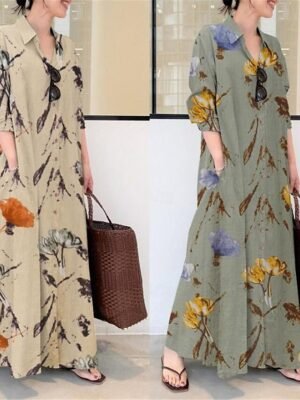 Modern Loose Fit Floral Shirt Collar Long Maxi Dress - Image 5