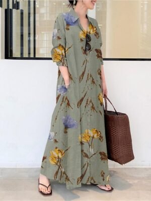 Modern Loose Fit Floral Shirt Collar Long Maxi Dress - Image 6