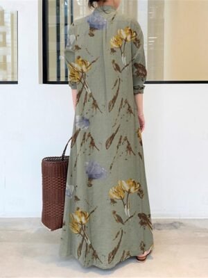 Modern Loose Fit Floral Shirt Collar Long Maxi Dress - Image 7