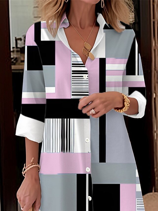 Modern Loose Fit Geometric Plaid Shirt Collar Long Sleeve Midi Dress - Image 2