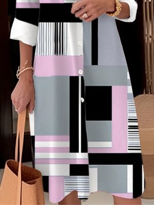 Modern Loose Fit Geometric Plaid Shirt Collar Long Sleeve Midi Dress - Image 3