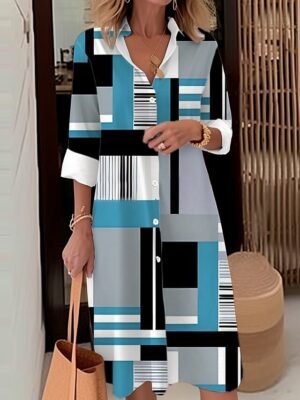 Modern Loose Fit Geometric Plaid Shirt Collar Long Sleeve Midi Dress - Image 4