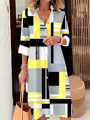 Modern Loose Fit Geometric Plaid Shirt Collar Long Sleeve Midi Dress - Image 5