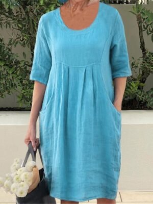 Modern Loose Fit Plain Crew Neck Short Sleeve Mini Dress - Image 1