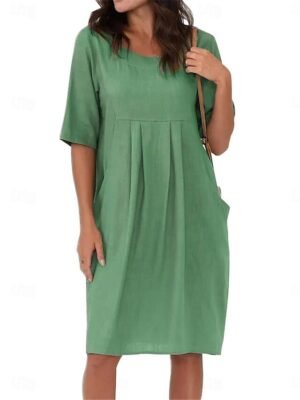 Modern Loose Fit Plain Crew Neck Short Sleeve Mini Dress - Image 4