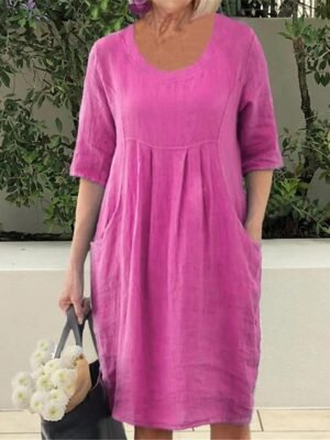Modern Loose Fit Plain Crew Neck Short Sleeve Mini Dress - Image 5