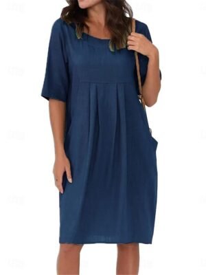 Modern Loose Fit Plain Crew Neck Short Sleeve Mini Dress - Image 6