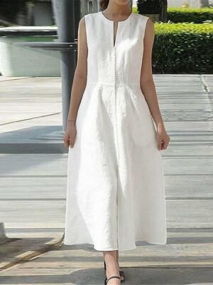 Modern Loose Fit Plain Split Neck Short Sleeve Maxi Dress - Image 1