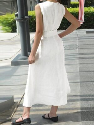 Modern Loose Fit Plain Split Neck Short Sleeve Maxi Dress - Image 4