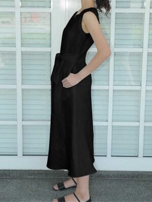 Modern Loose Fit Plain Split Neck Short Sleeve Maxi Dress - Image 5