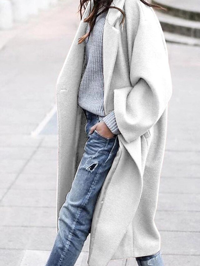 Modern Loose Fit Solid Colour Turndown Long Sleeve Long Coat - Image 2