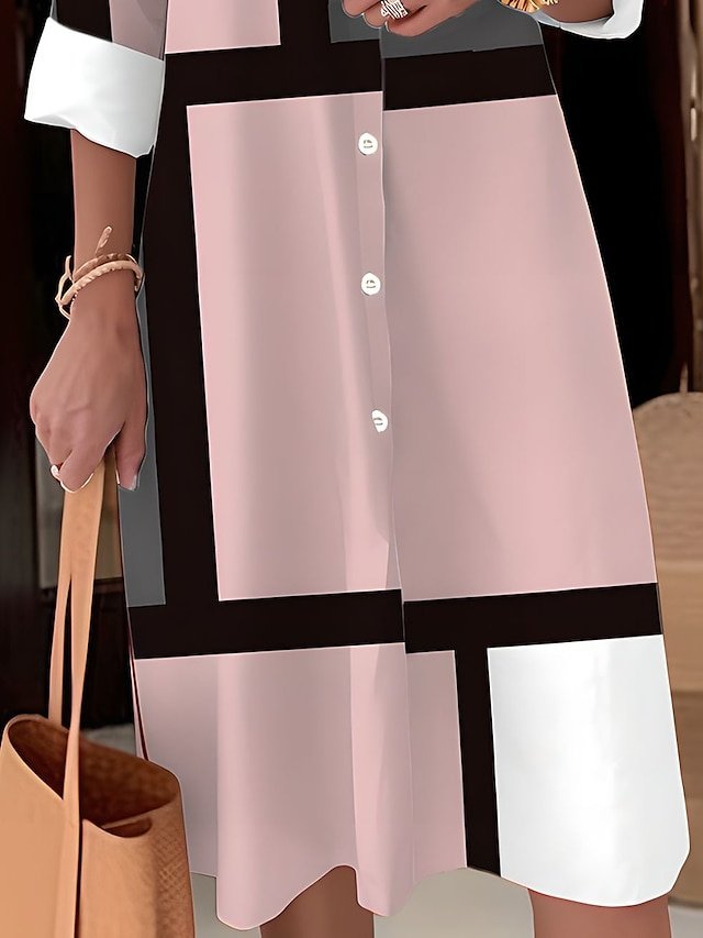 Modern Loose Geometric Plaid Shirt Collar Long Sleeve Midi Dress - Image 2