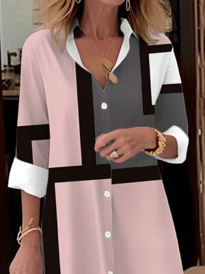 Modern Loose Geometric Plaid Shirt Collar Long Sleeve Midi Dress - Image 3